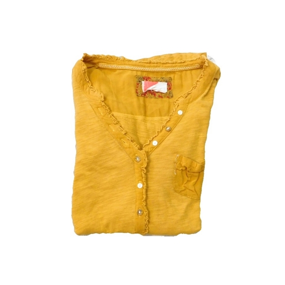 ANTHROPOLOGIE SZ XS MUSTARD LACE TRIM HENLEY SHIRT - Picture 2 of 7